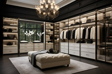 A trendsetting and glamorous walk-in closet exuding modern luxury and functionality, showcasing elegant art deco inspired design, spacious storage, stylish displays, and opulent decor.