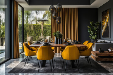 An Elegant and Contemporary Dining Room with Vibrant Furniture, Sleek Design Elements, and Stylish Lighting, Infused with Modern Art and Comfortable Accessories.