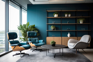 A Captivating Office Interior Embracing Tranquility and Productivity: Serenity in Teal with Rejuvenating Furniture, Soothing Ambiance, and Inspiring Art.