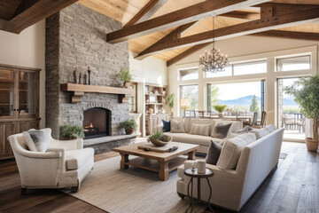 Fototapeta na wymiar Step into a warm and inviting farmhouse-inspired living room, boasting exposed wooden beams, plush sofas, vintage decor, and abundant natural light, creating a cozy and rustic interior.