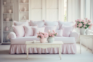 A charming and cozy living room interior with vintage-inspired furniture, delicate pastel tones, and floral patterns, creating a romantic and rustic atmosphere with distressed wood and soft fabrics.