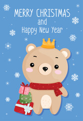 Vector Christmas card, cute bear and gift box on blue background and message of Merry Christmas and Happy New Year.