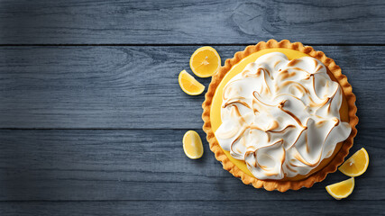 Obraz na płótnie Canvas summer time lemon meringue pie with lemon slice isolated on a wooden background with copy space