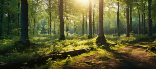 Fototapeta na wymiar the sun shines brightly through a forest