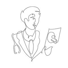 One line drawing of doctor looking at x-ray.
One continuous line drawing of doctor in a white coat.