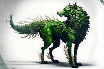 huge green mythical wolf with leaf fur Big and strong long legs bulky tail spirit of the forest lord of the snows Wark Mount Epcic Creature Epci design Creature RPG Medieval Fantasy full body 
