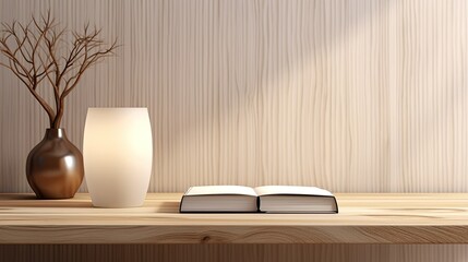 Bookshelf with lamp on wooden wall background