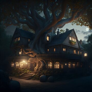 three story building large inn large tree 1600 century dark fantasy night unreal engine 
