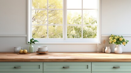 Scandi style green kitchen with indoor plants, Scandi interior design