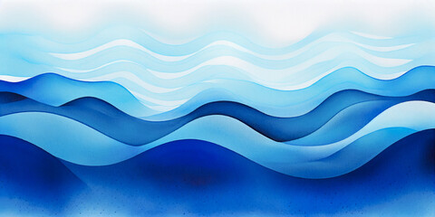 Fototapeta premium Ocean water waves nature illustration, gradient blue wavy lines for copy space text. Teal lake wave flowing motion web banner. Sea foam watercolor backdrop. Pool water fun ripples wavy blue cartoon. 