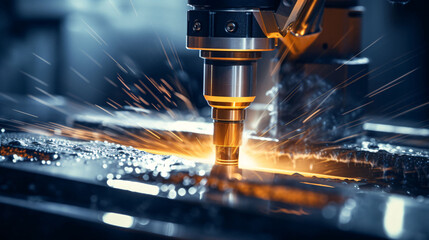 Metal CNC laser cutting, laser cutting. CNC laser engraving processing with spark metal processing