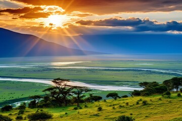 Scenic sunrise over Ngorongoro Crater in Tanzania, showcasing Africa's lush green landscape and nature conservation efforts. Generative AI