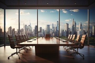 Large wooden meeting table with office chairs in conference room with city skyline view. 3D rendering. Generative AI - obrazy, fototapety, plakaty