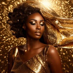 beautiful black woman in shiny gold elegant dress