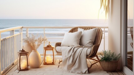 Cosy armchair on balcony ,winter home decor, calm and relax coastal living mock up arrangement - obrazy, fototapety, plakaty