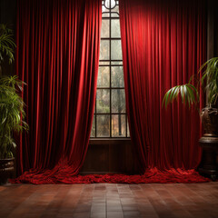 A velvet curtain on bamboo floor 
 - obrazy, fototapety, plakaty