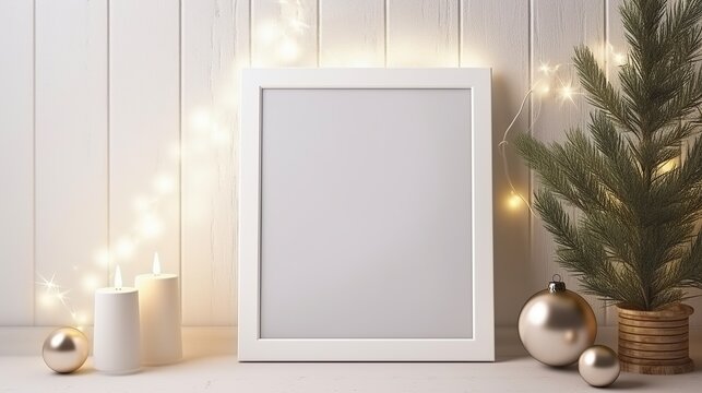 White blank picture frame with Christmas decorations, holidays festive mock up