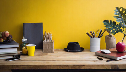 Mesa de madera marron con objetos y fondo pared amarilla