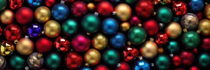 Colorful Christmas ornament balls abstract background. Holiday cheerful decorations. Rainbow glass bulbs wallpaper x-mas texture pattern. - obrazy, fototapety, plakaty