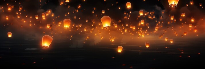 Beautiful floating Chinese lanterns over a serene pool reflection. Candle lit glowing hot air balloons in Asia. Beautiful landscape with soft light at sunset.