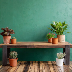 Mesa de madera marron con plantas sobre fondo pared verde