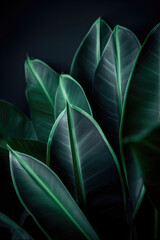Close up of minimalist indoor plant fern fronds and leaves, with dark green and black background. Beautiful design background for interior design