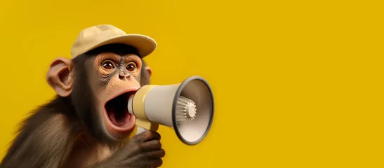 Deurstickers Cheeky Chatter: Monkey Makes a Bold Statement with a Megaphone Speaker on Vibrant Yellow. © touchedbylight