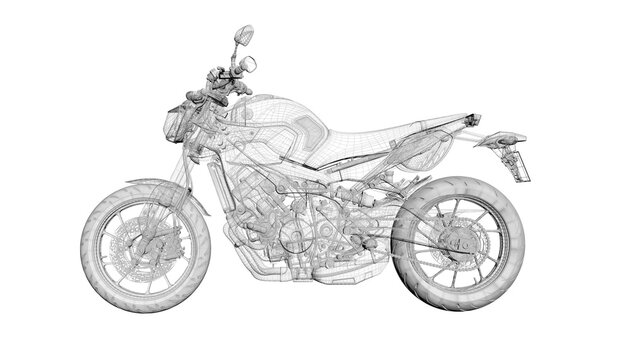 Motorcycle project, mechanical design with wireframe, rendering 3d, illustration 3d