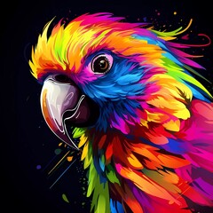 Parrot illustration in abstract, rainbow ultra-bright neon artistic portrait graphic highlighter line on minimalist background