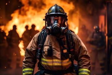 firefighter using water and extinguisher to fighting with fire flame in an emergency, Generative AI