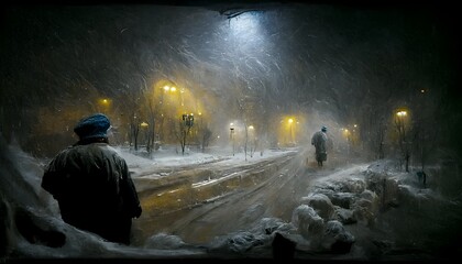 A man in a knitted wool hat trying to find his way hopelessely through a blizzard poor visibility heavy snow dark night hyperrealistic painting 4k extreme detail 