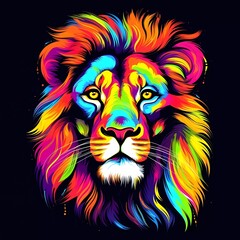 lion illustration in abstract, rainbow ultra-bright neon artistic portrait graphic highlighter lines on minimalist background
