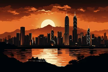 Foto op Plexiglas City silhouette displaying the Hong Kong skyline. Generative AI © James