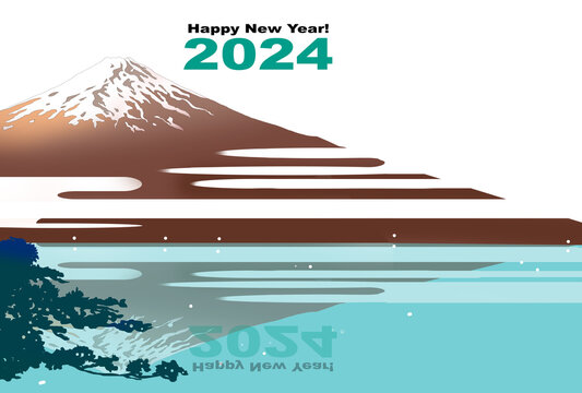 富士山が映る湖と松の年賀状素材イラスト07