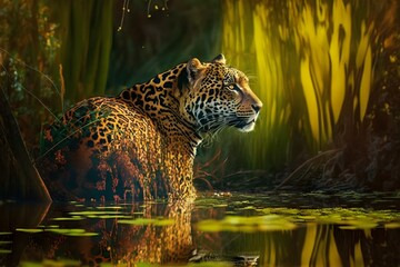 Jaguar hunts at the edge of a swamp created after the Amazon River spill moss lianas mud sunny day soft shadows low contrast vivid colours clean focus digital photography 