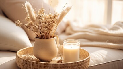 Flowers in vase and burning candles in living room, cosy winter interior home decor, calm and relax living mock up arrangement