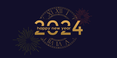 Fototapeta na wymiar 2024 Happy New Year Poster Background. Golden Clock Ring with Elegant Classy Typography Line Vector Illustration for Greeting Card, Banner, Backdrop Template Design