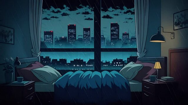 illustration bed raining outside window city lights animation. Created using Generative AI Technology
