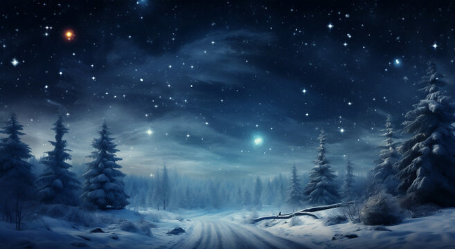 Enchanting Winter Wonderland, Glowing Trees, Starry Skies, and Snowflakes © NE97