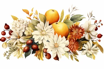 Fotobehang Watercolor autumn floral arrangement with citruses, flowers, bouquets, and wreath in bordeaux and white. Generative AI © Andromeda