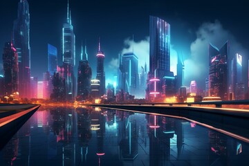 Fototapeta na wymiar Night cityscape with neon lights and modern architecture. Generative AI