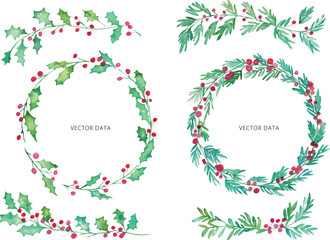 水彩画。水彩タッチのヒイラギのフレームベクターイラスト。冬の水彩フレーム。Watercolor painting. Frame vector illustration of holly with watercolor touch. Winter watercolor frame.