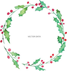 水彩画。水彩タッチのヒイラギのフレームベクターイラスト。冬の水彩フレーム。Watercolor painting. Frame vector illustration of holly with watercolor touch. Winter watercolor frame.
