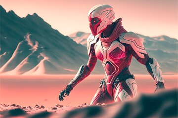 futuristic warrior dynamic pose red minimalistic detail white sand desert pink mountains low light still from 2010 tron beautiful composition detailed fashion photography high definition front wide 