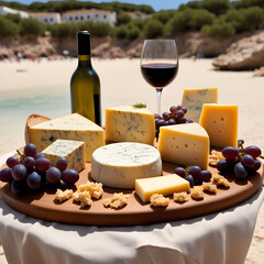 cheese and wine served on the beach