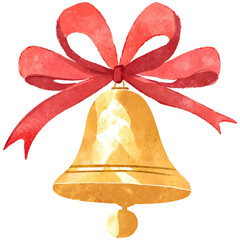Gold Christmas bell with red ribbon in watercolor style