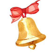 Gold Christmas bell with red ribbon in watercolor style
