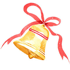 Gold Christmas bell with red ribbon in watercolor style