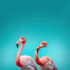 Fototapeta premium Two pink flamingoes on a shaded blue background with copy space for lettering