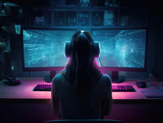 Hacker sitting at computer as code streams in the background, silhouette, wearing headphones